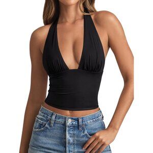 Women's Plunge Neck Backless Shirts Double Lined Going Out Halter Tank Tops Cute